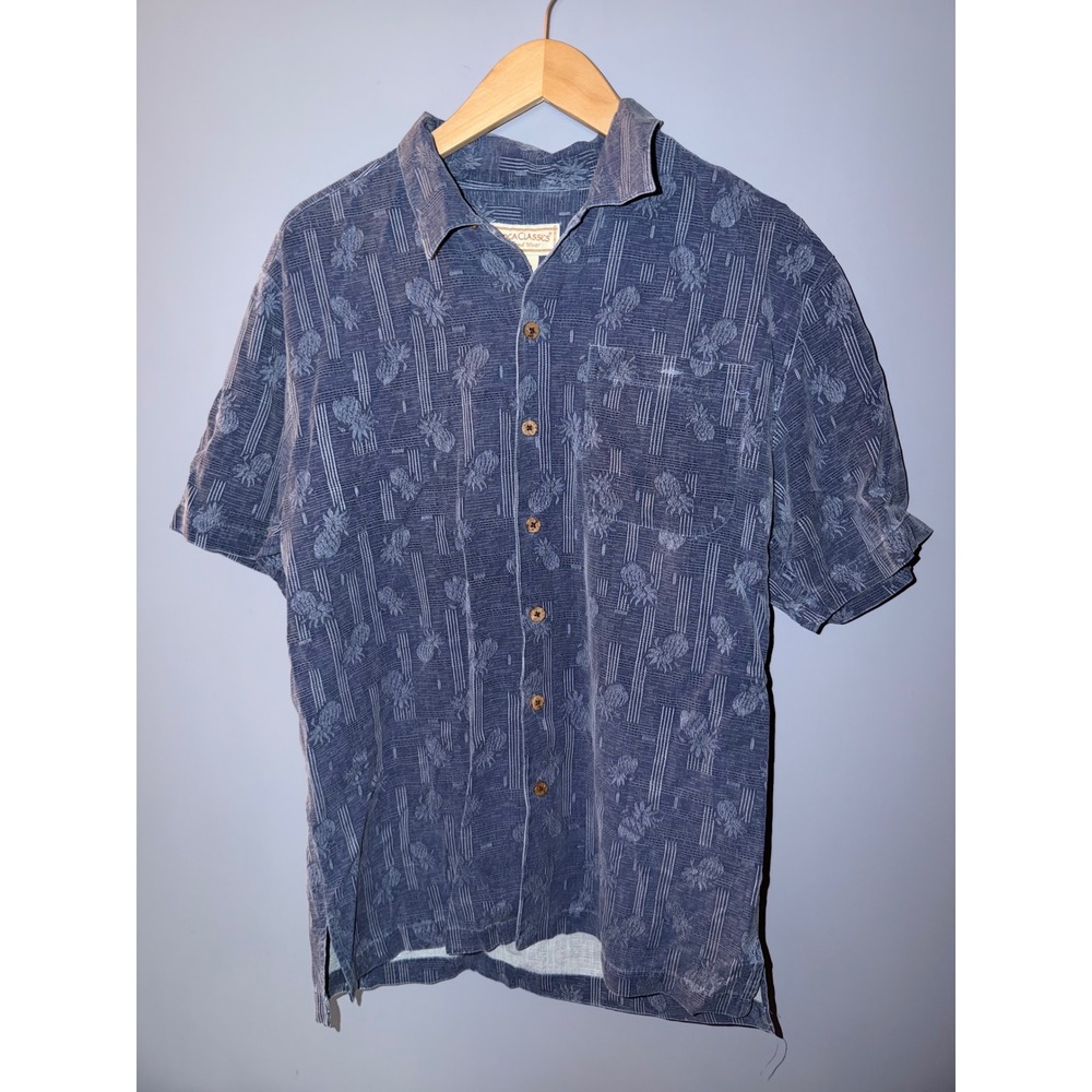 Boca Classics Mens‎ Blue 100% Silk Pineapple Jacquard Short Sleeve Shirt Small